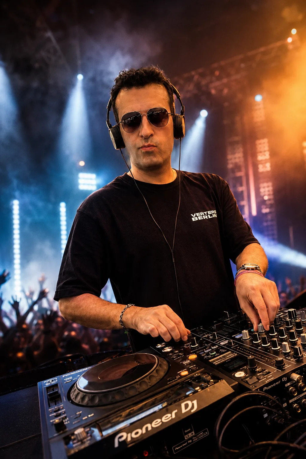 Arvyn bei einem Open-Air-Set in der Nacht, in blaues Licht getaucht