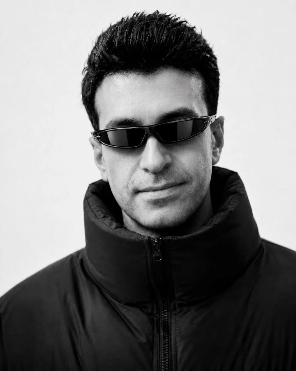 Schwarz-weiß-Porträt von Arvyn mit Sonnenbrille